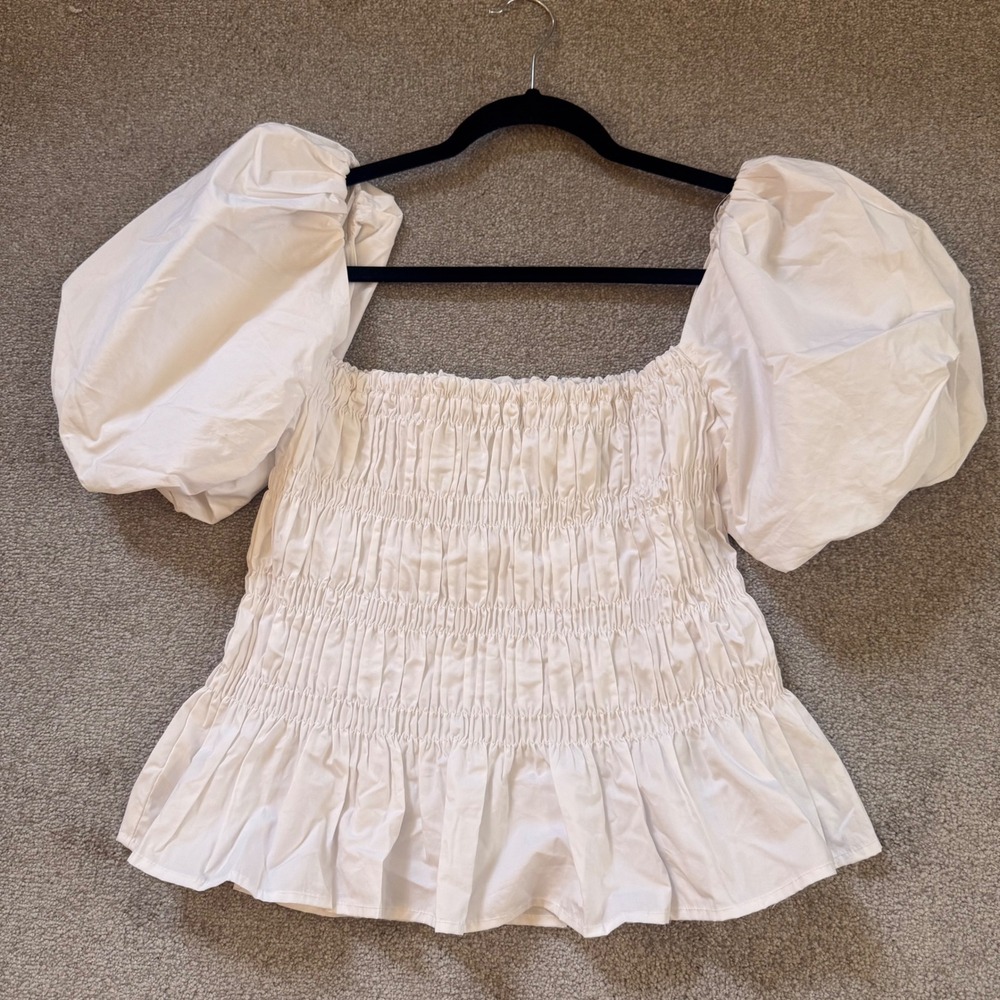 ASTR The Label White Smocked Puff Sleeve Peplum Cottagecore Top
